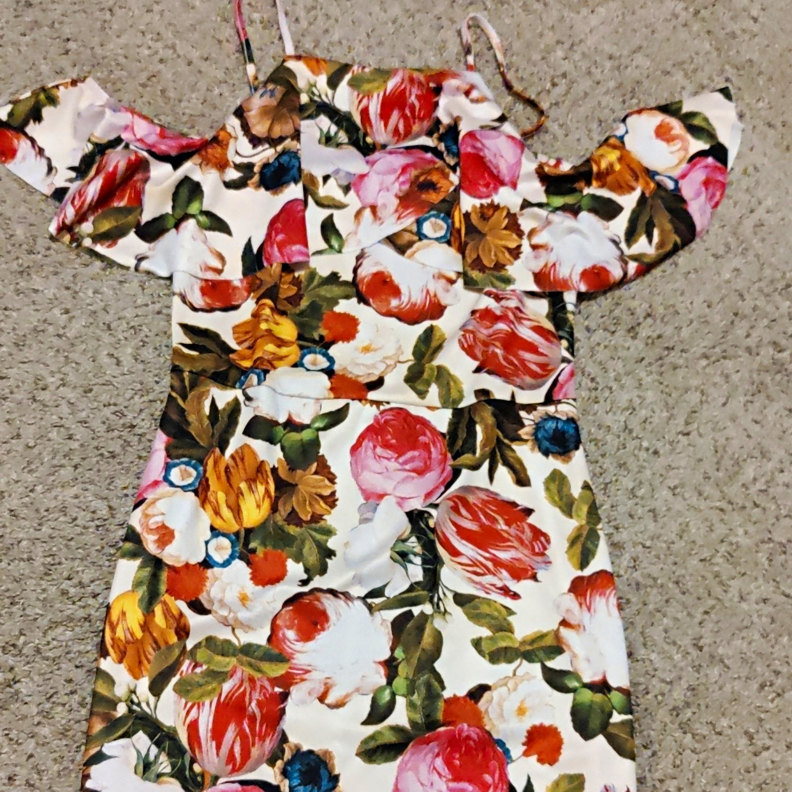 Fourteenth Place White Floral Satin Off Shoulder Ruffle Midi Sheath Dress S
