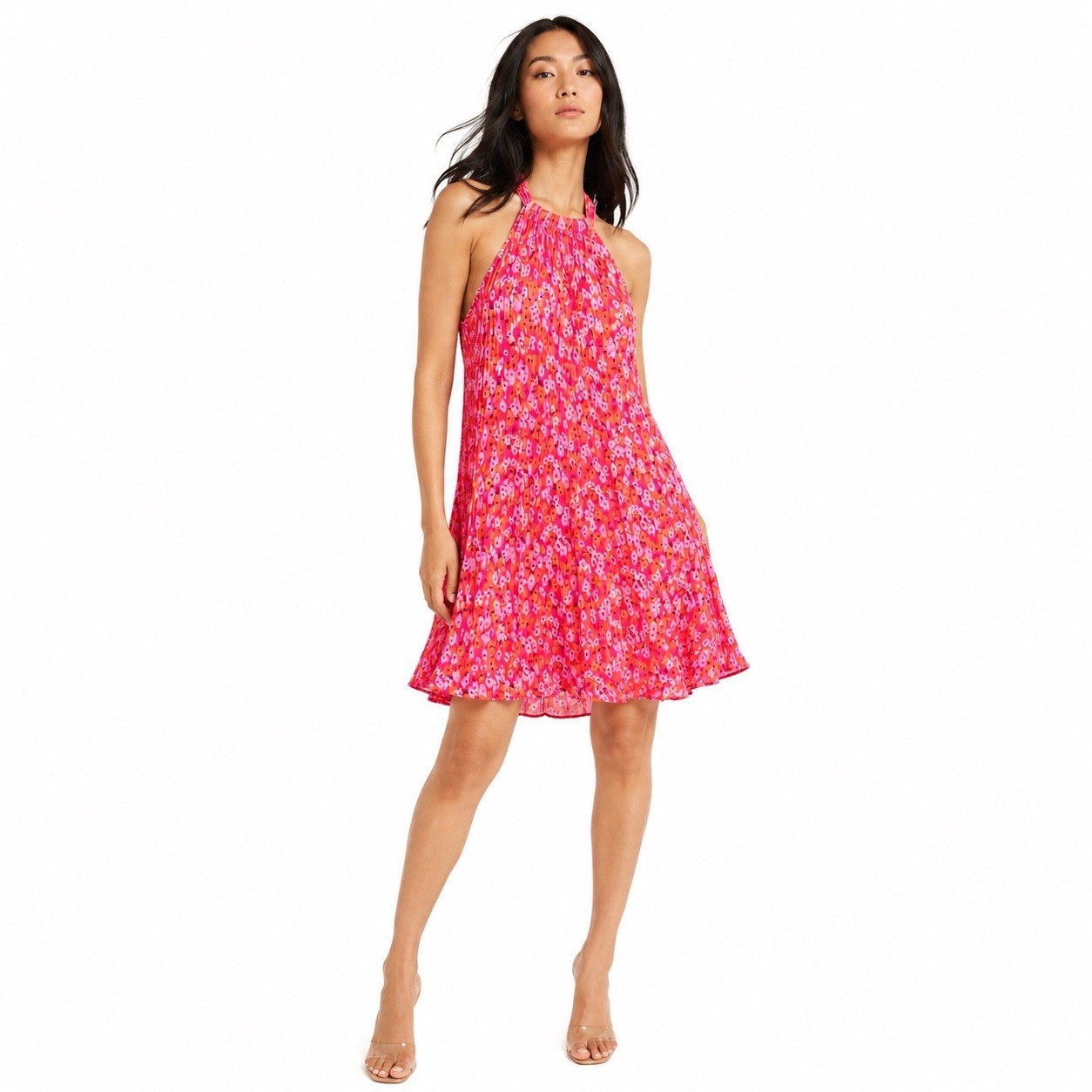 Petal + Pup Halter Dress Pink Floral Pleated Boho Resort Vacation Party Womens L