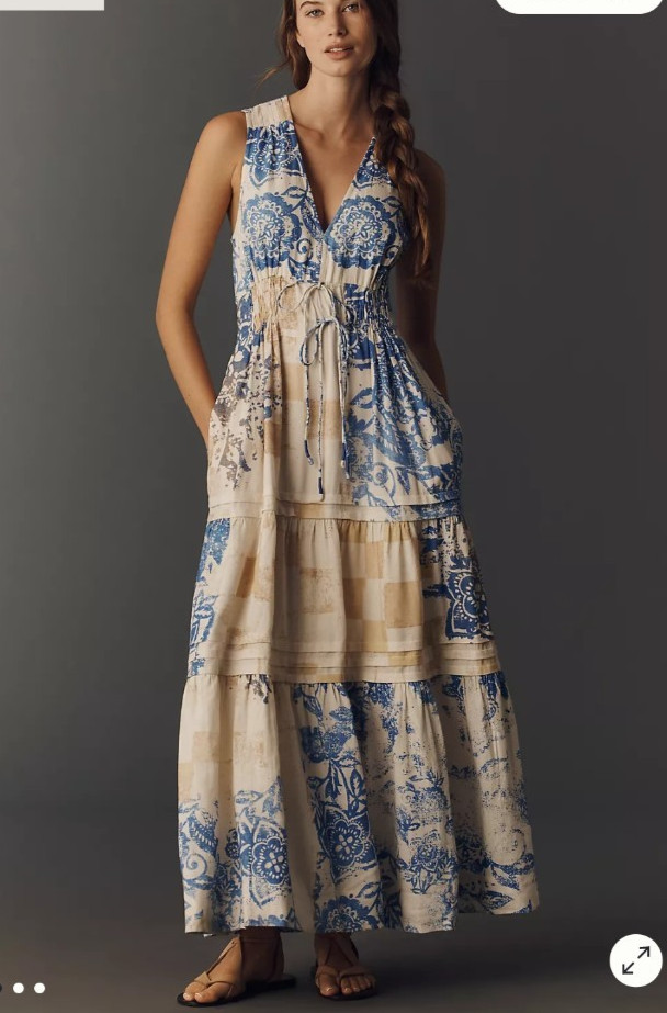 Anthropologie Women’s Ivory/Blue Multi The Somerset Linen Bl. Maxi Dress $168 XL