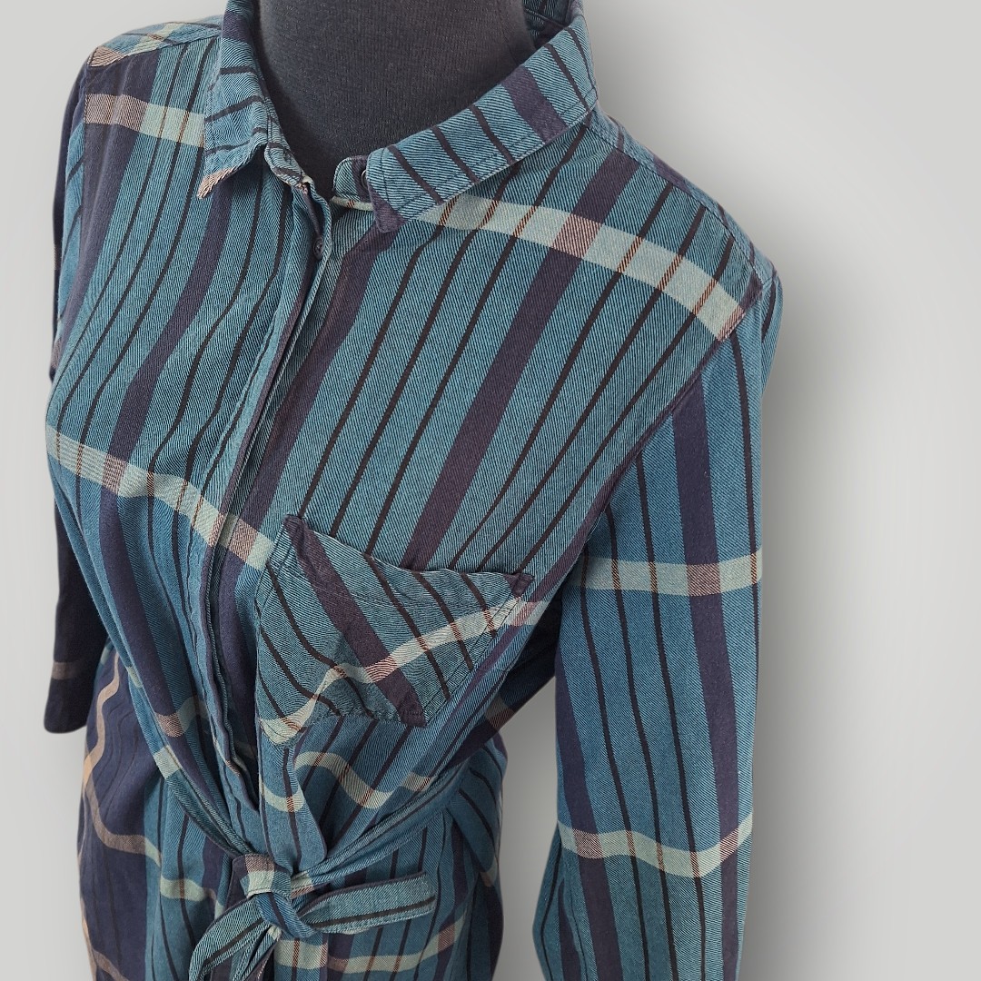 White Stuff Checkmate Shirt Dress Womens 14 Blue Plaid Cotton Belted Mini Tunic