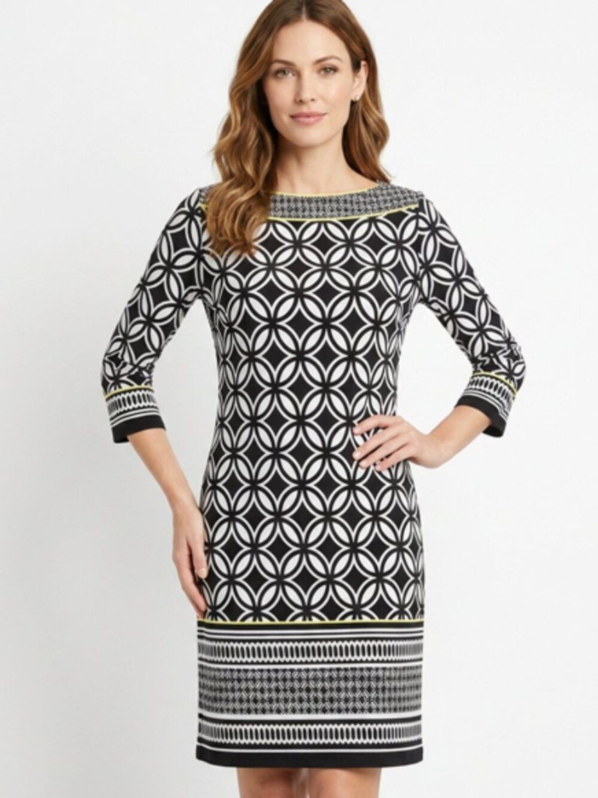 Studio 1 New York Large Black White Geometric 3/4 length Sleeve Shift Dress Sz M