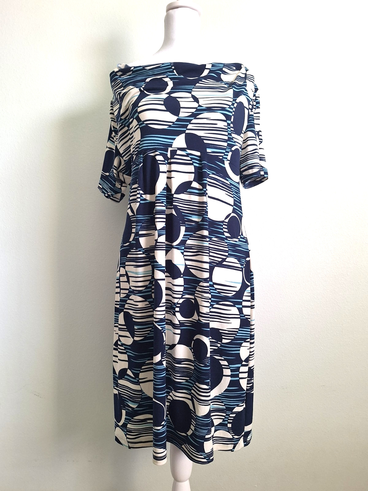 ASSA Women’s XL Blue White Geometric Circle Print A-Line Midi Dress 4