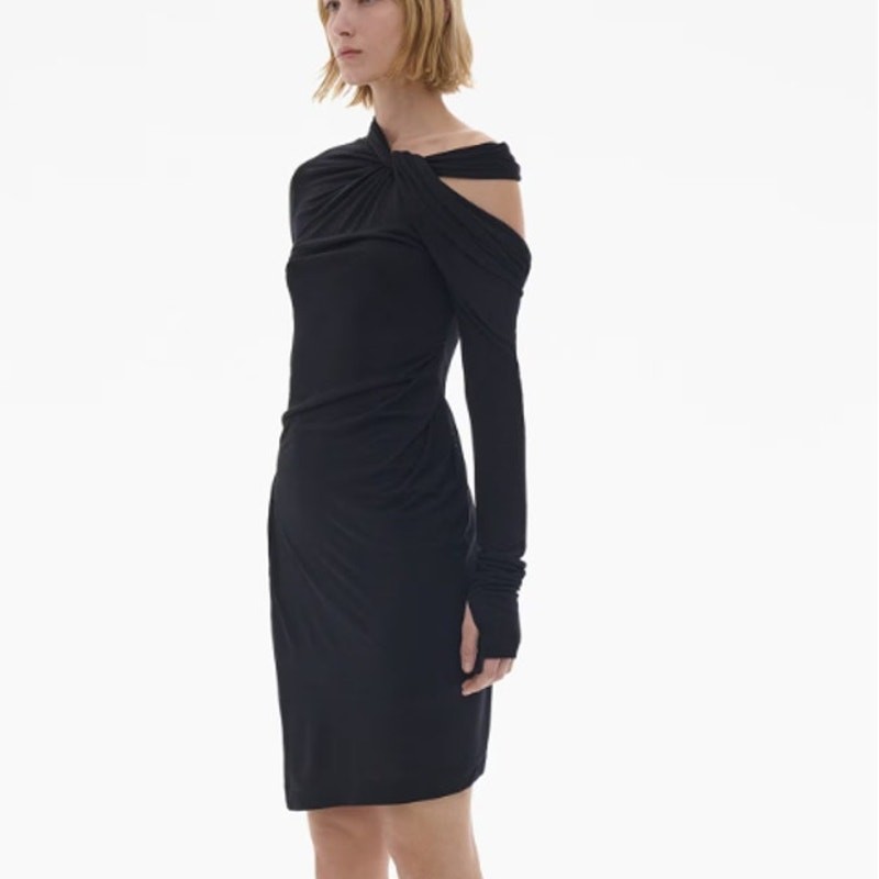 HELMUT LANG Asymmetric Mini Dress NWT Black Twisted Long Sleeve Women’s M