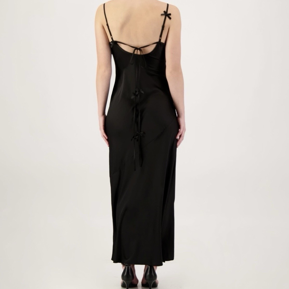 Crystal Doll Black Satin Maxi Slip Dress Bow Straps Size L Party Prom NWT $120