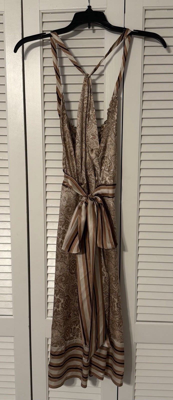 BCBG Maxazria Beautiful 100% Silk Brown Cream Paisley Stripe Tie Dress Medium M