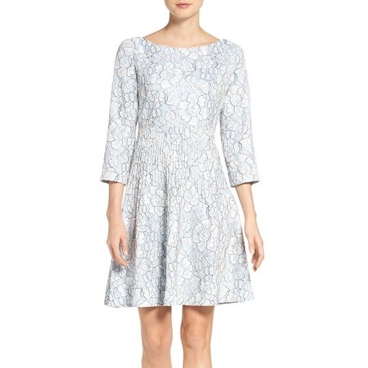 ELIZA J Embroidered Lace Floral Boat Neck 3/4 Sleeves Fit & Flare Dress, 2 Ivory