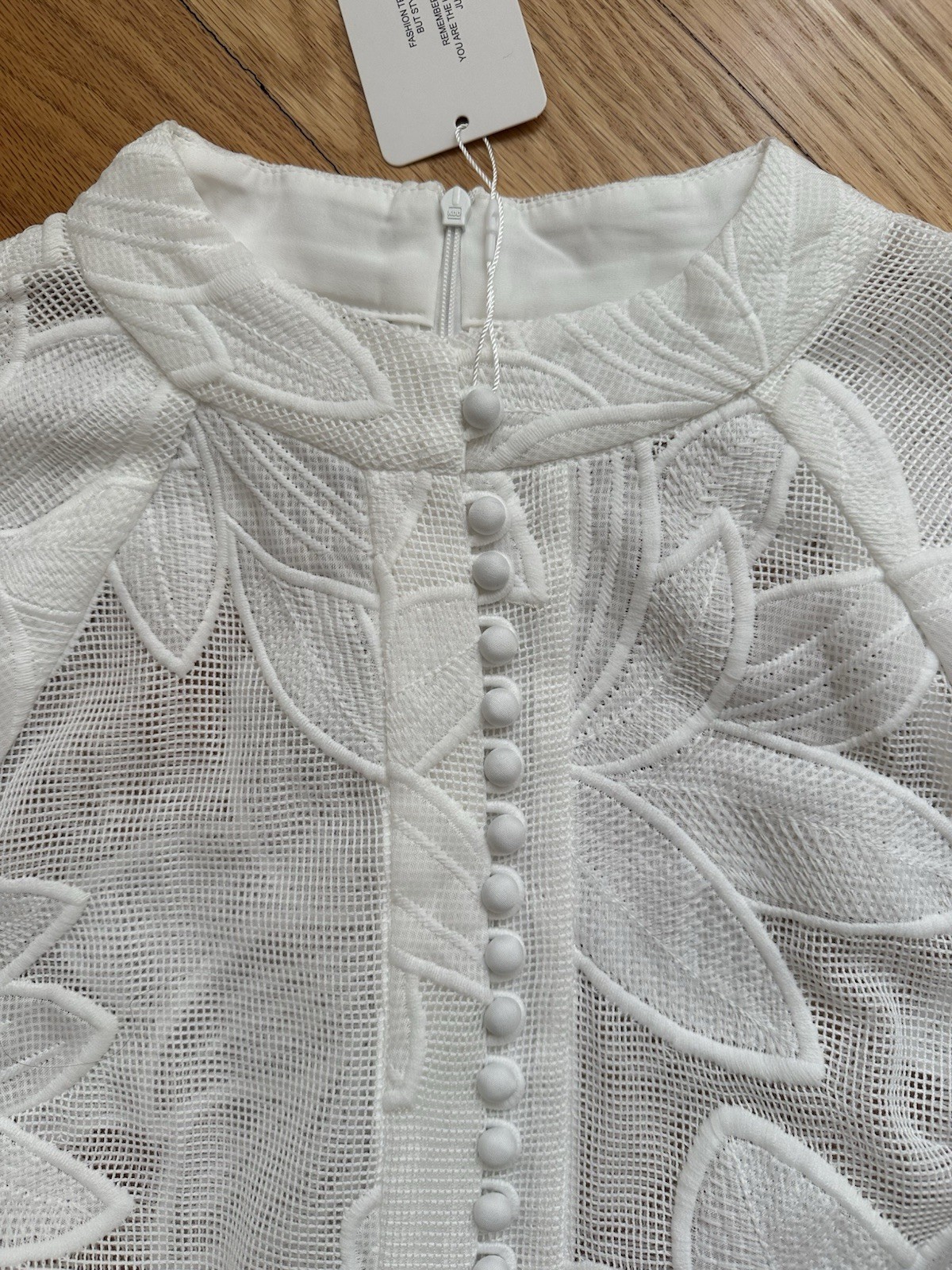Flower Embroidered Front Bottons Back Zipper Lace Dress White Size L (US 8)
