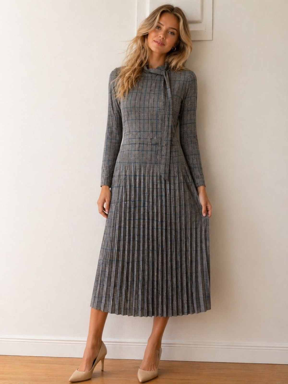 Maggy London Plaid Pleated Midi Dress – Size US 10 (UK 14 / EU 40)