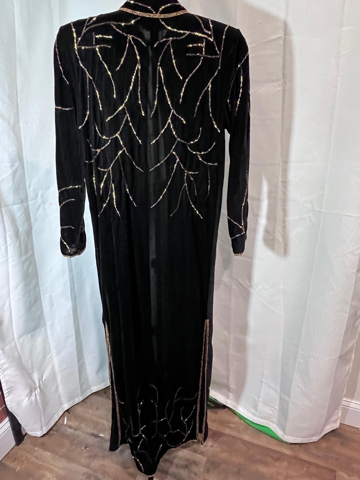 Black Velvet Beaded Sequin Duster Coat Open Front Floor Length Jacket