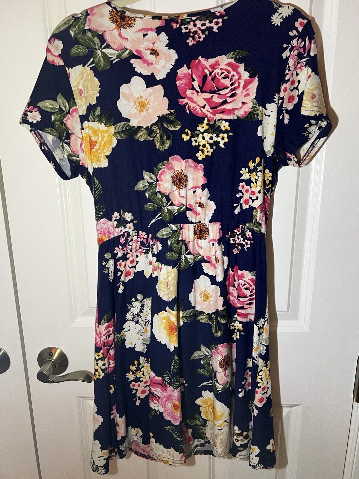Derek Heart Navy Floral Wrap V-Neck Knee Dress Short Sleeve Tie Stretch XL