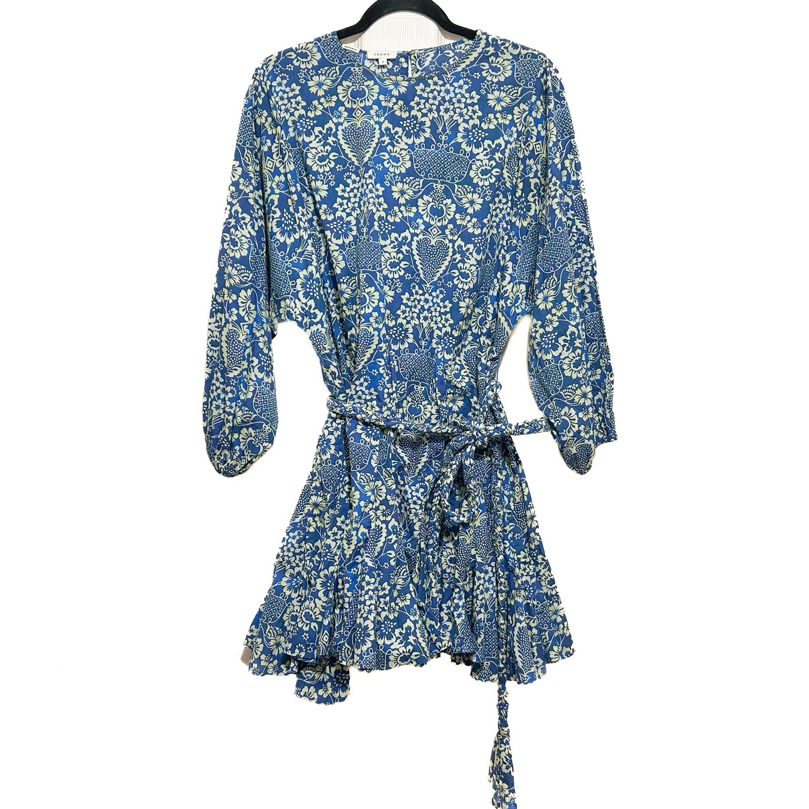 RHODE Floral Print Dress Blue Cream Feminine Ruffle Cotton Beach Vacation Sz Med