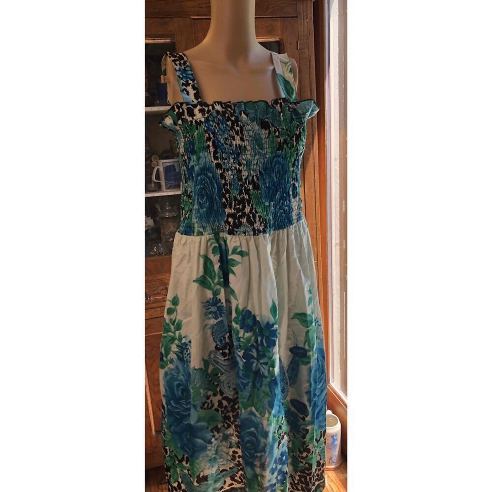 Anthony Richards Floral Square Neck Smocked Sundress Sleeveless Cotton Size LP