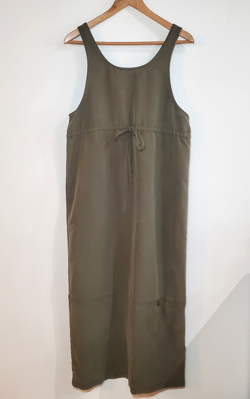 HSZ Studio Women’s Army Green Midi Sheath Dress Empire Waist Drawstring Size Sm
