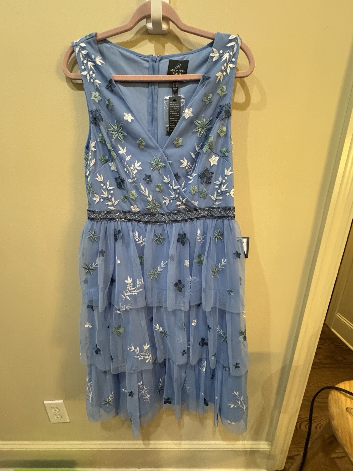 Adrianna Papell Beaded Tiered Mesh Dress Blue Womens Size 14 Floral Embroidered