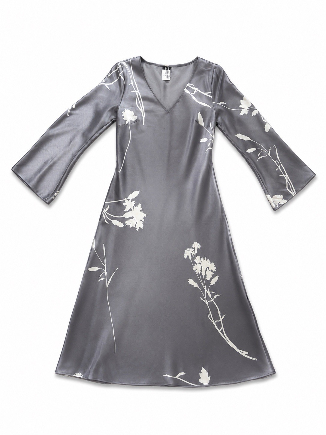 NWT Worthington Womens Size 6 Silver Satin Floral Midi Dress Bell Sleeve A-Line