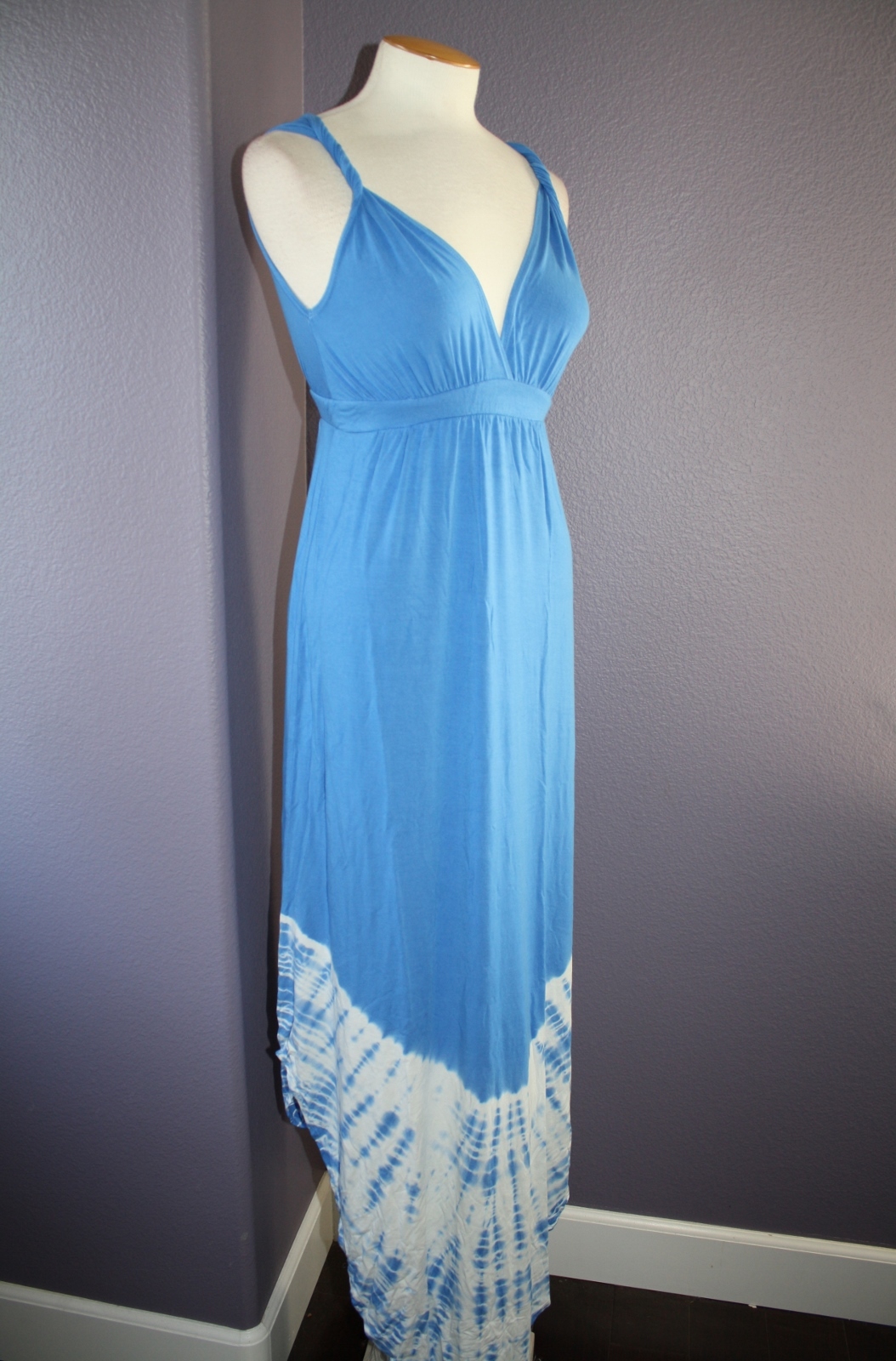 NWT Gypsy 05 La Ba Dee Blue Tie Dye Deep V Bamboo Twist Strap Maxi Dress XS $143