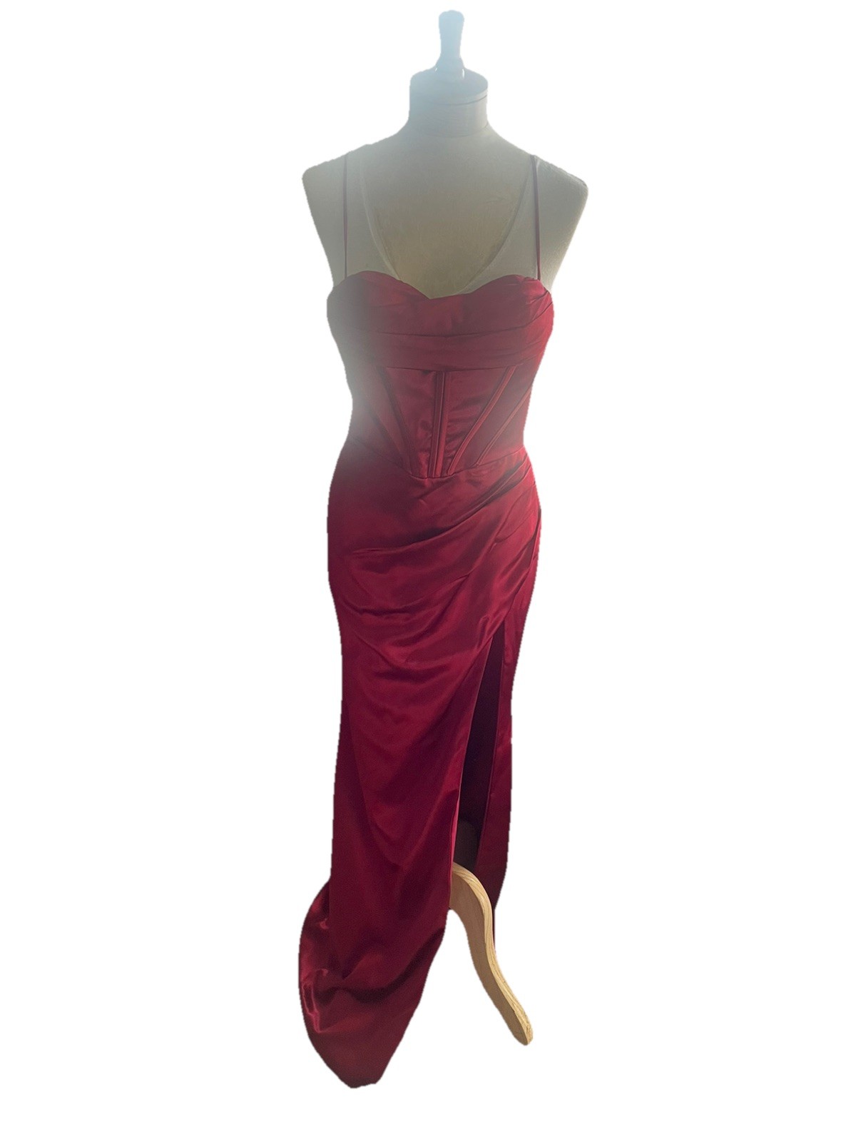 Elegant Burgundy Satin Corset Dress – Size 4, High Slit, Lace-Up Back