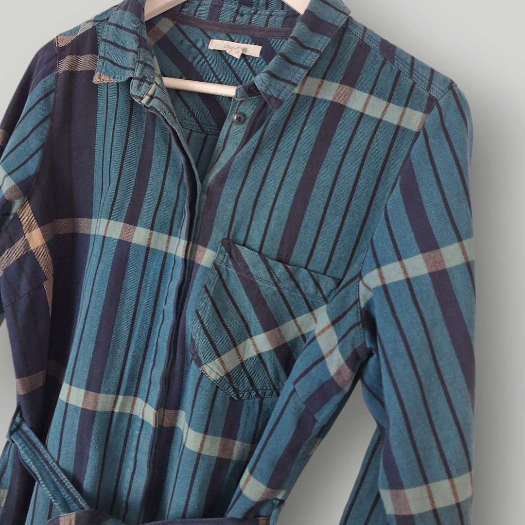 White Stuff Checkmate Shirt Dress Womens 14 Blue Plaid Cotton Belted Mini Tunic