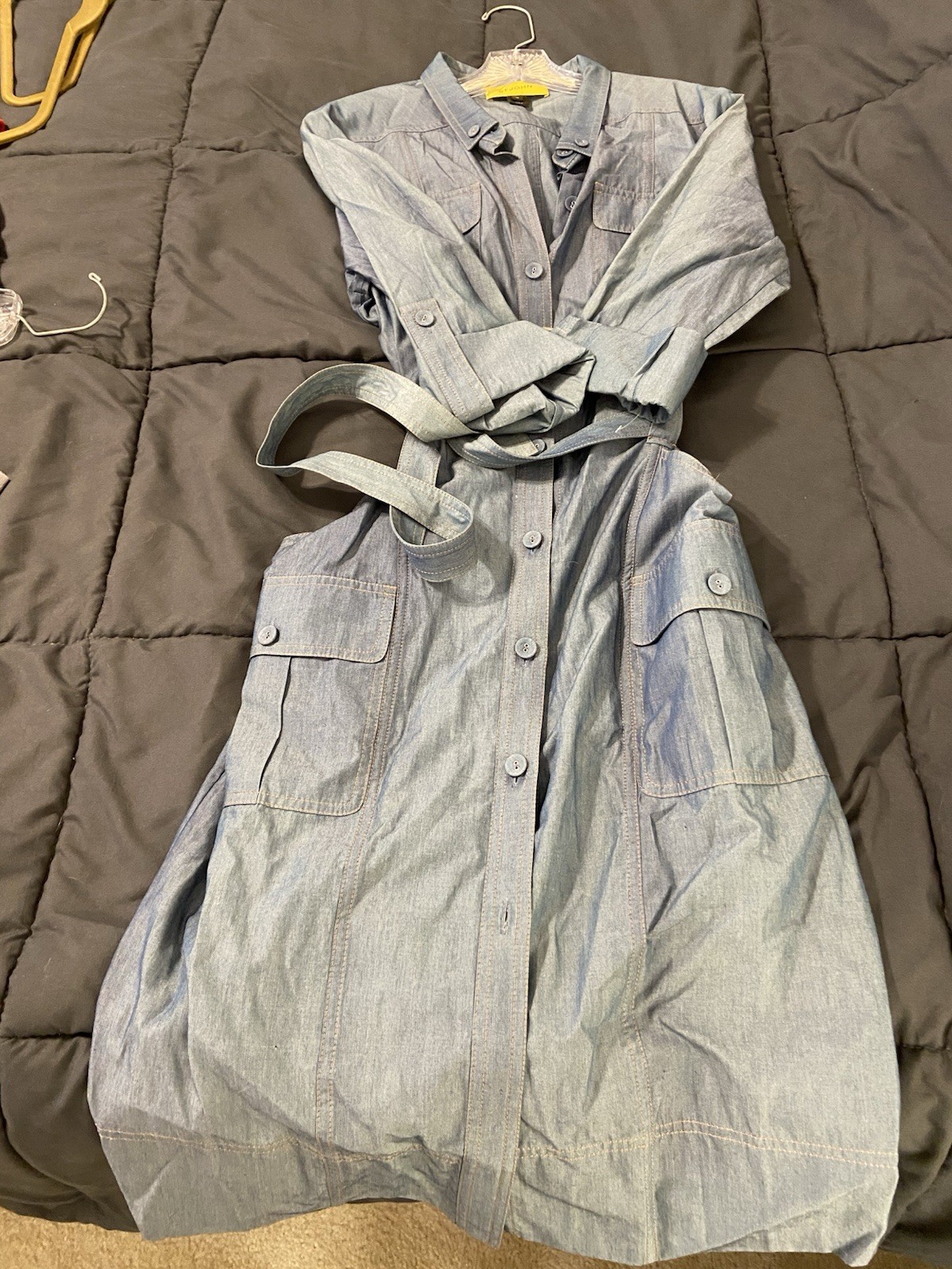 St. John Blue Chambray Shirt Dress 12 Button Front Belted Pockets