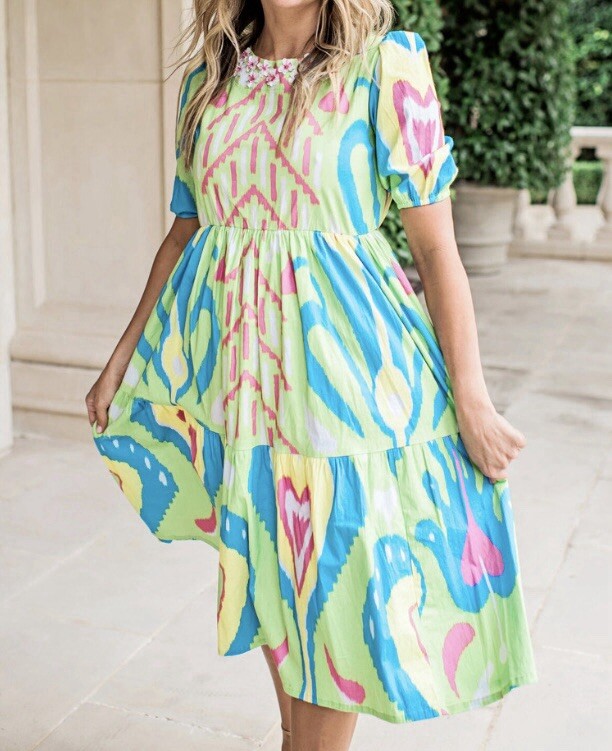 Sheridan French Women pullover Resin floral detail Colorful Arcadia Dress|SZ:L