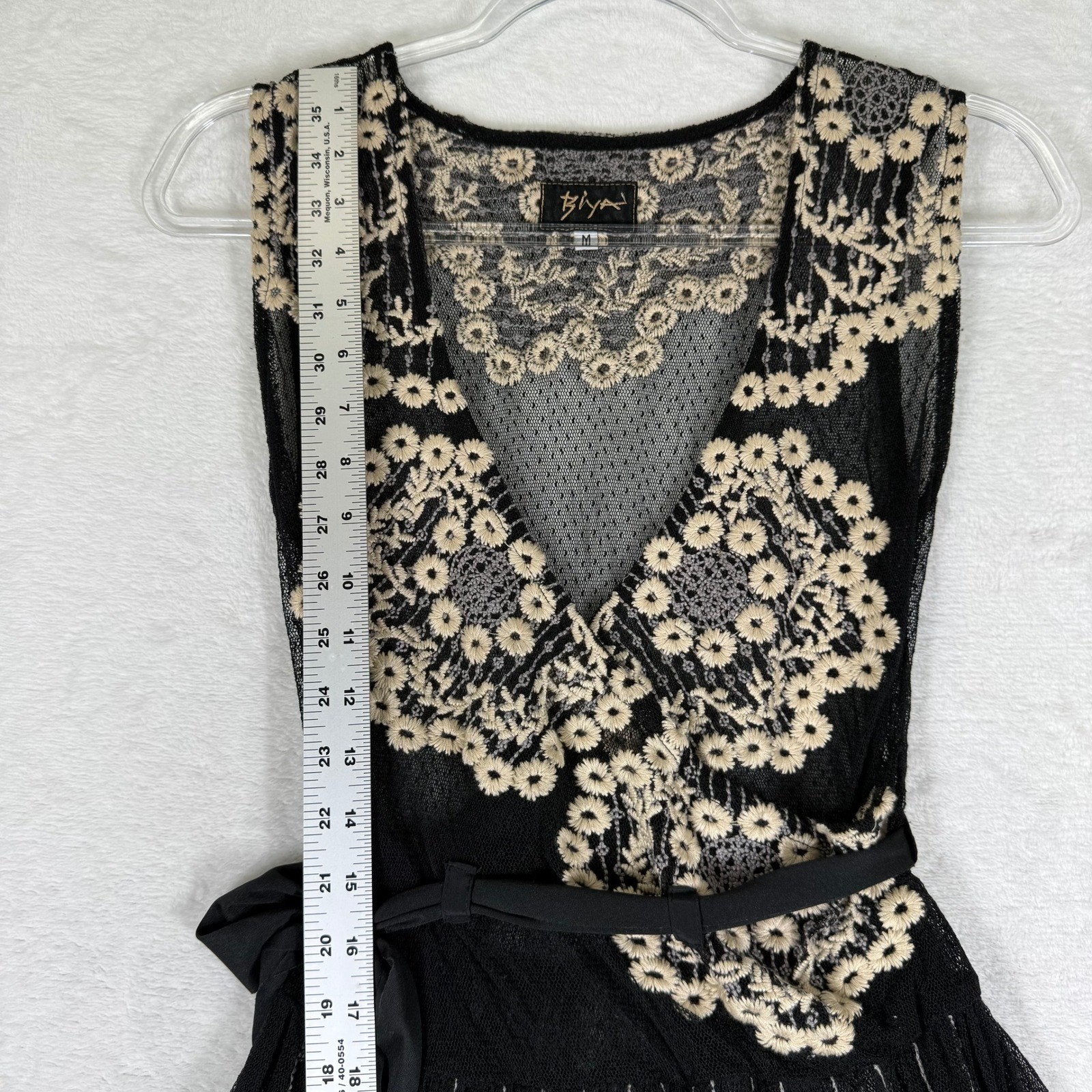 Biya Johnny Was Black Silk Mesh Embroidered Floral Wrap Dress Medium No liner