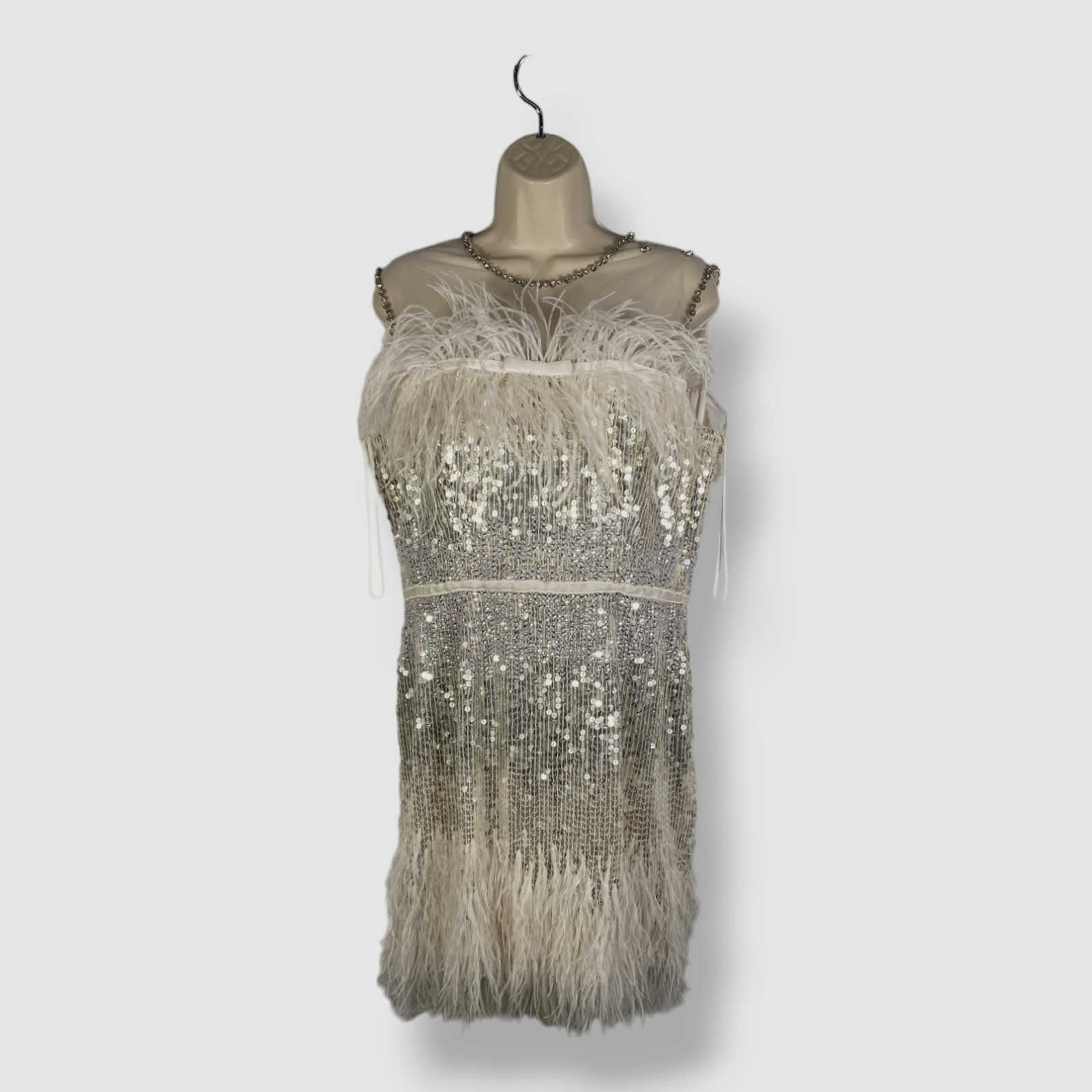$3050 Jenny Packham Women Ivory Hula Feather and Sequin Mini Dress Size 12