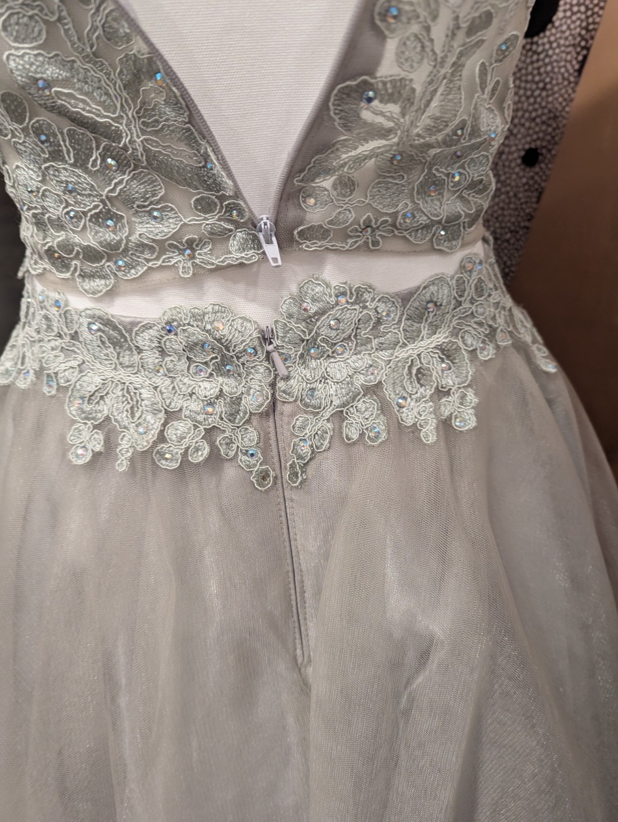 May Queen Size 12 Gray Beaded Embroidered Tulle V-Neck A-Line Knee Dress