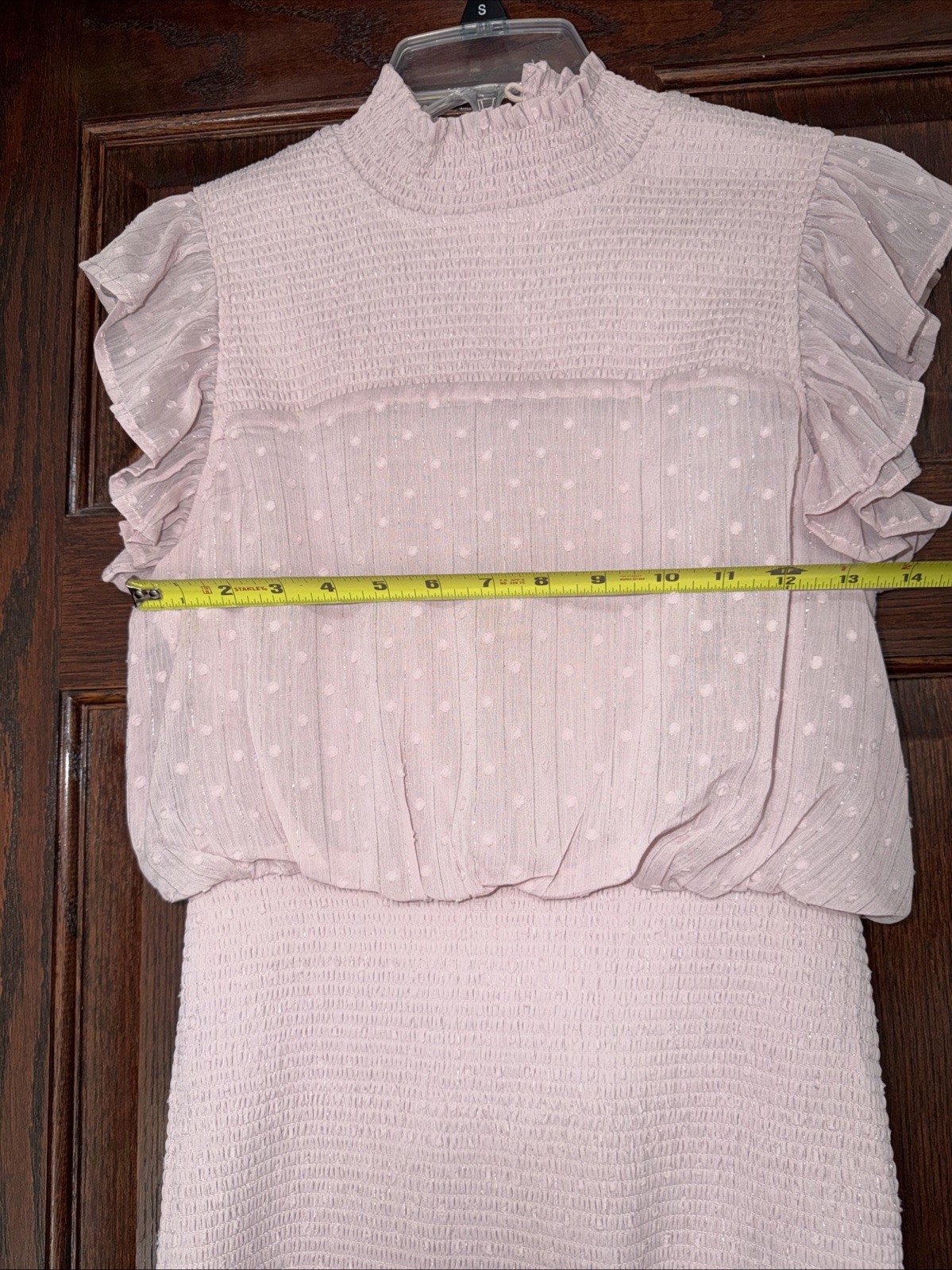 AQUA Swiss Dot Smocked Ruffle Mini Dress Shimmer Pink Size S Bloomingdales EUC