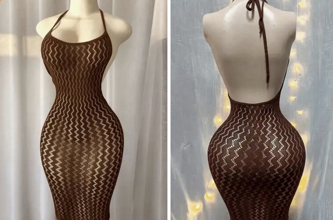 Women’s Brown Mesh Halter Maxi Bodycon Dress, Sheer Stretch Chevron, One Size