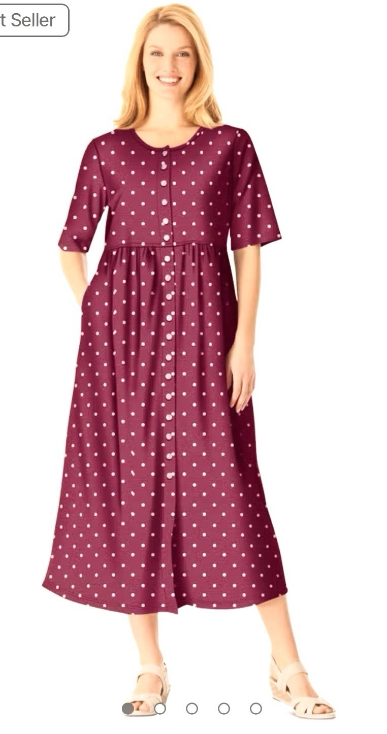 Woman Within Raspberry Dot Button-Front Elbow-Sleeve Knit Dress Size Xl- 22/24