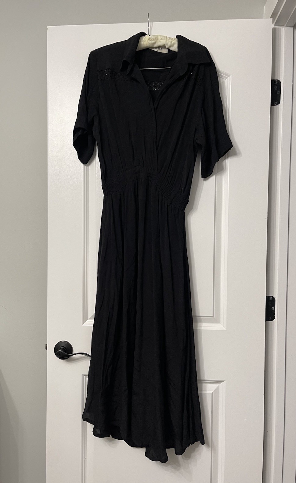 AURA Black Midi Dress Short Sleeve Collared Lace Accents Belted Career Casual M