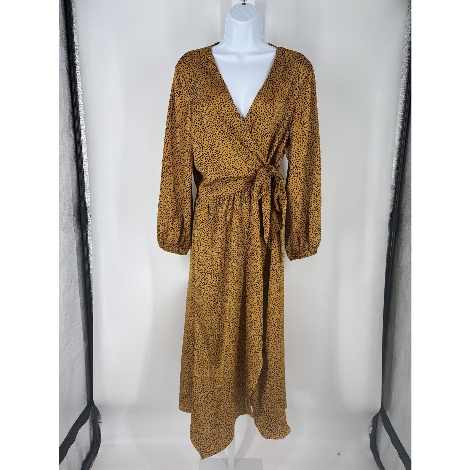 Mustard Yellow Animal Print Wrap Dress | Long Sleeve V-Neck Midi with Tie Waist