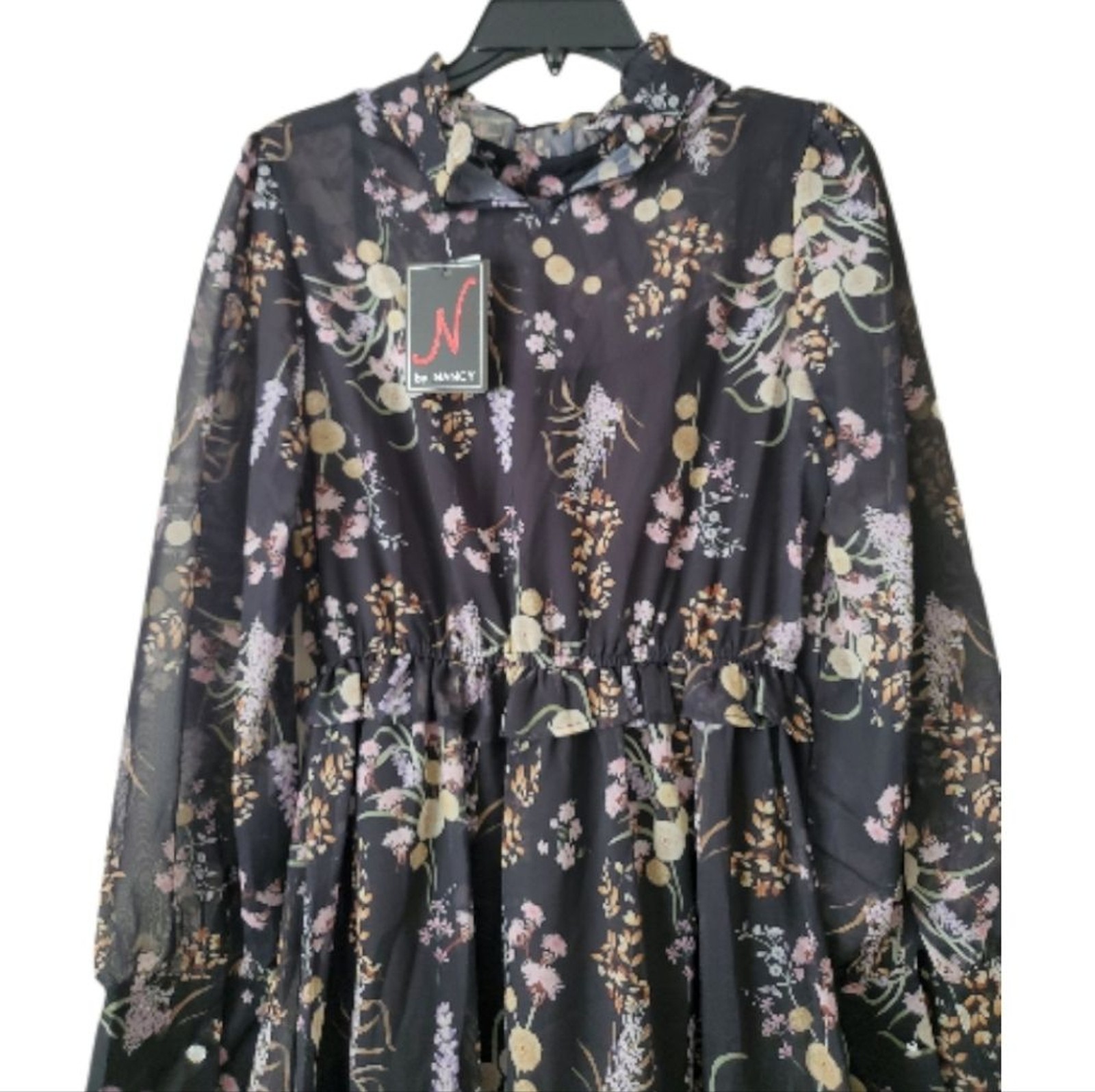 N by Nancy Black Floral Tiered Long Sleeve Ruffled Midi Dress Medium