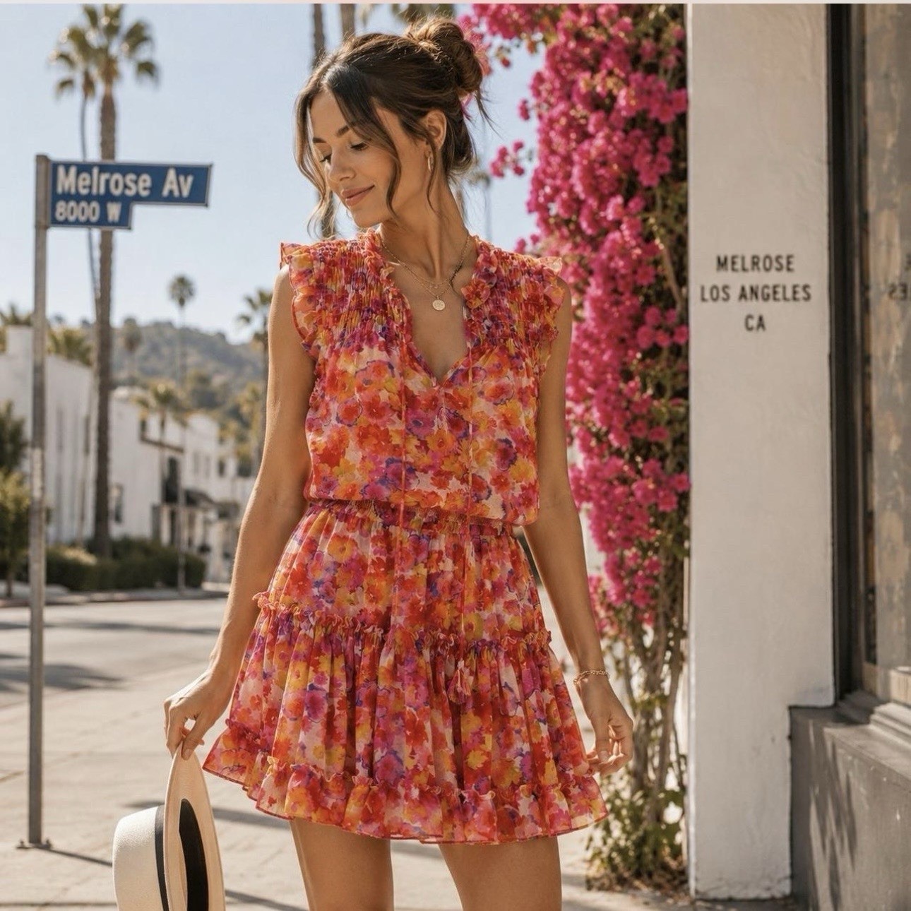 Misa Los Angeles Mini Ruffle Tiered Floral Dress Sz M Sheer Smocked Watercolor