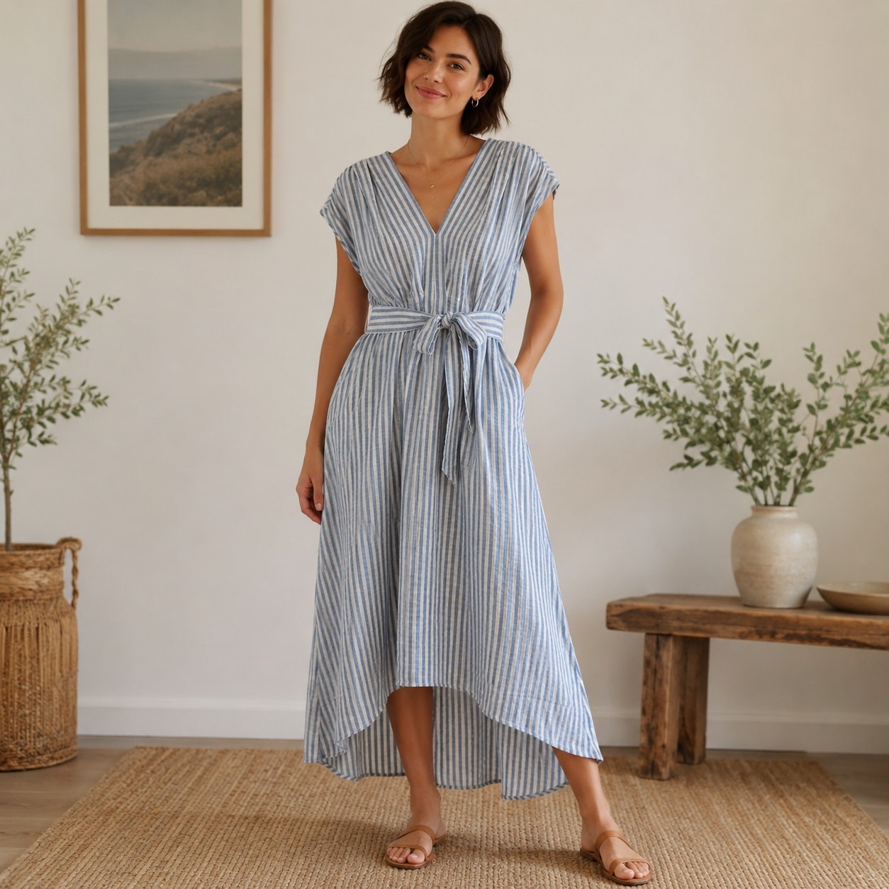Max Studio blue white striped cotton blend dress stretch Large Beachy coastal