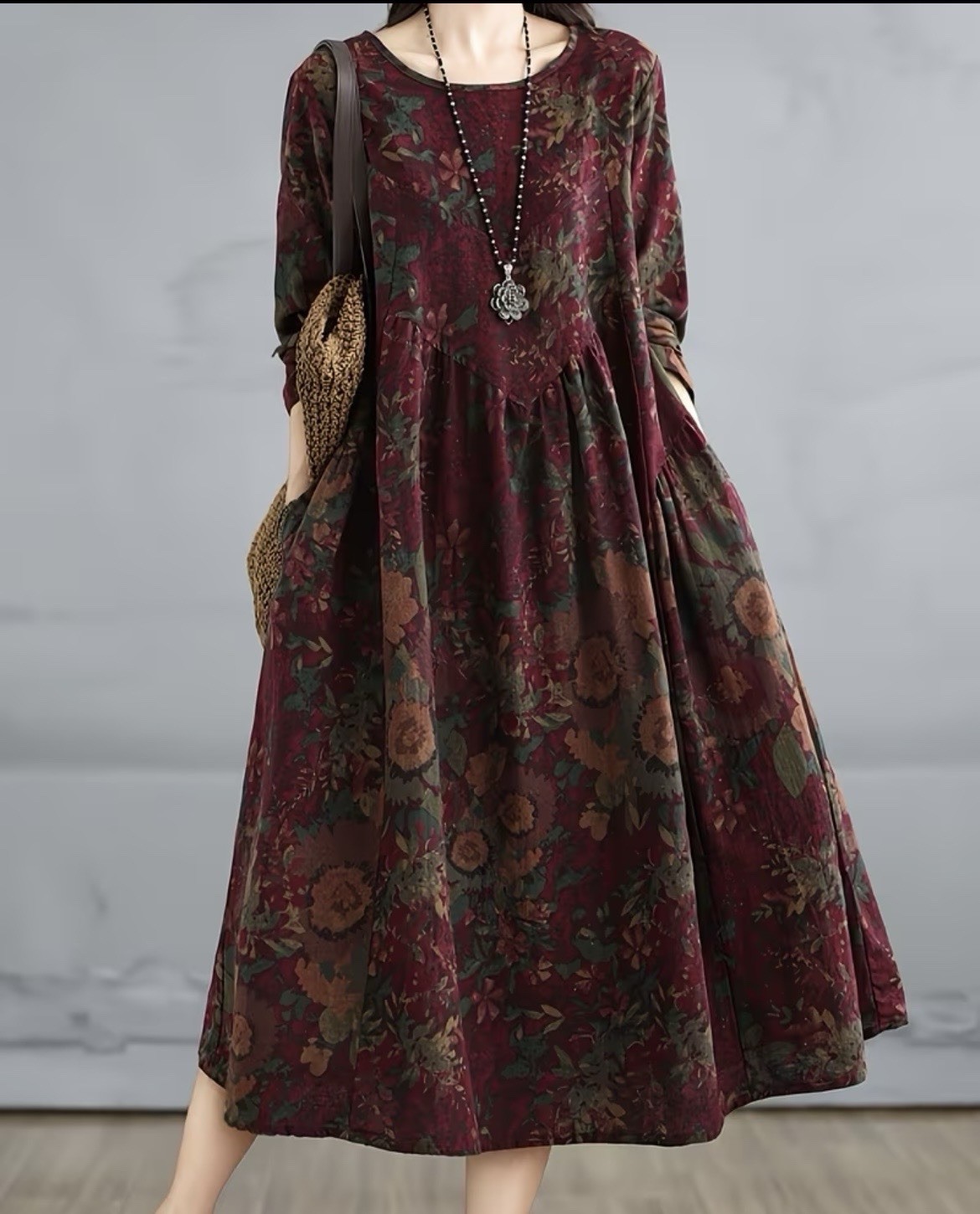 NWOT 100% Linen Floral Maxi Dress Women Asian One Size M L Loose Boho Lagenlook