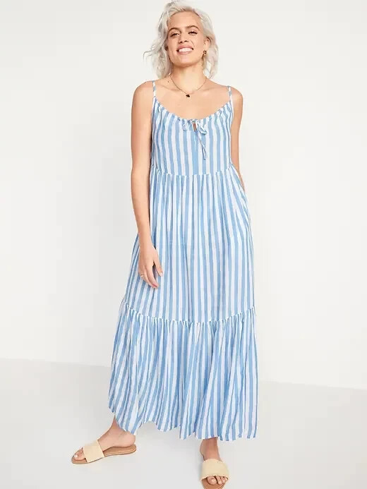 New! Old Navy Womens Blue Striped Tiered Maxi Tank Dress Sundress Size M Medium