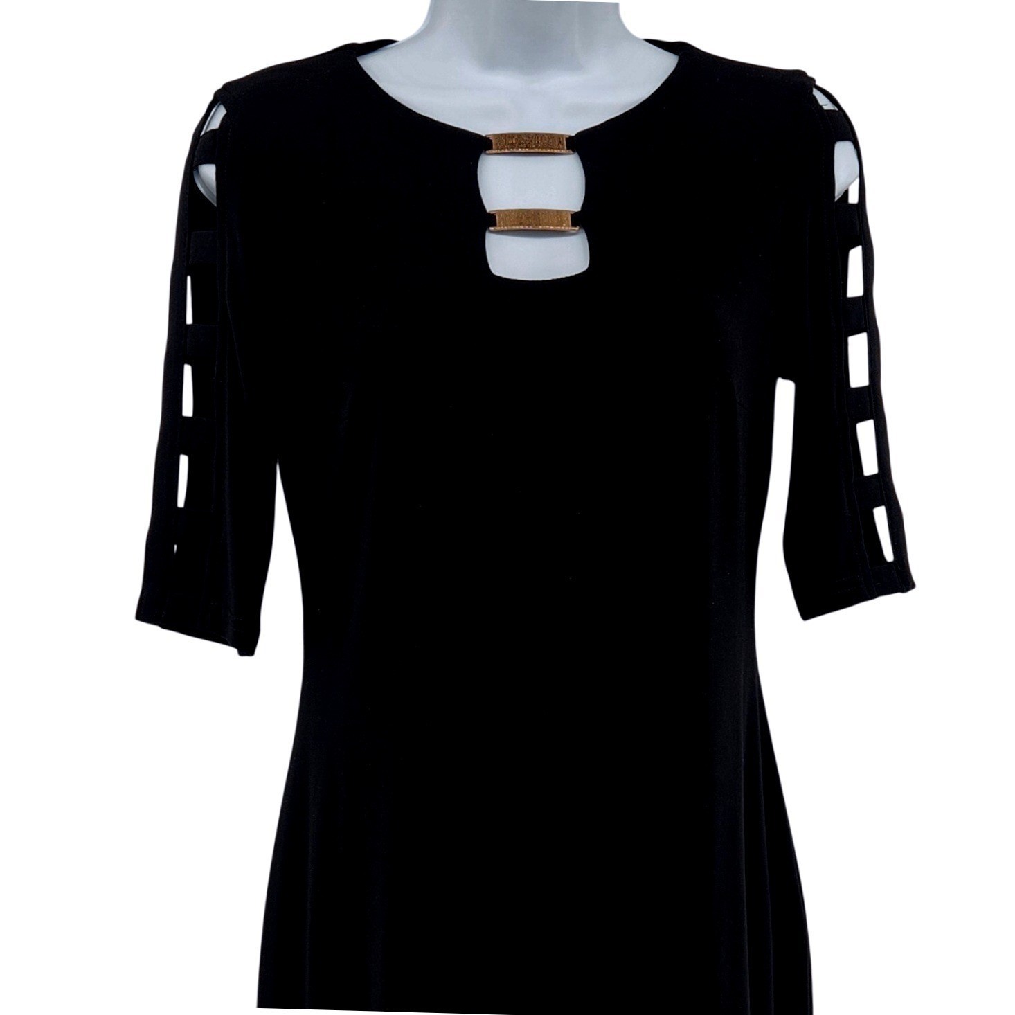 Joseph Ribkoff Black Sheath Dress Size 4 Cutout Neck Gold Detail 3/4 sleeve