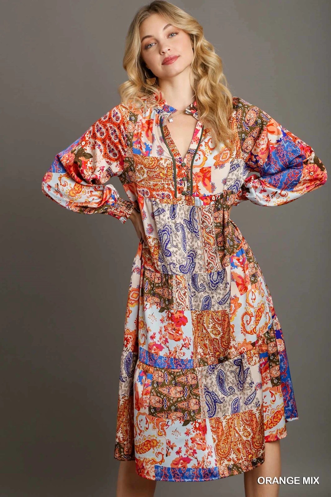 Umgee Orange/Blue Multi Satin Paisley Tiered Dress V-Neckline and Long Sleeves