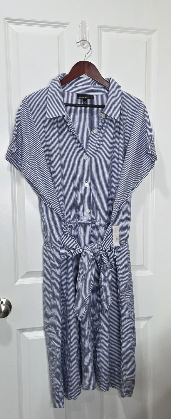 Lane Bryant Size 26 Blue White Striped Dress Short Sleeve Button Up Nautical NWT