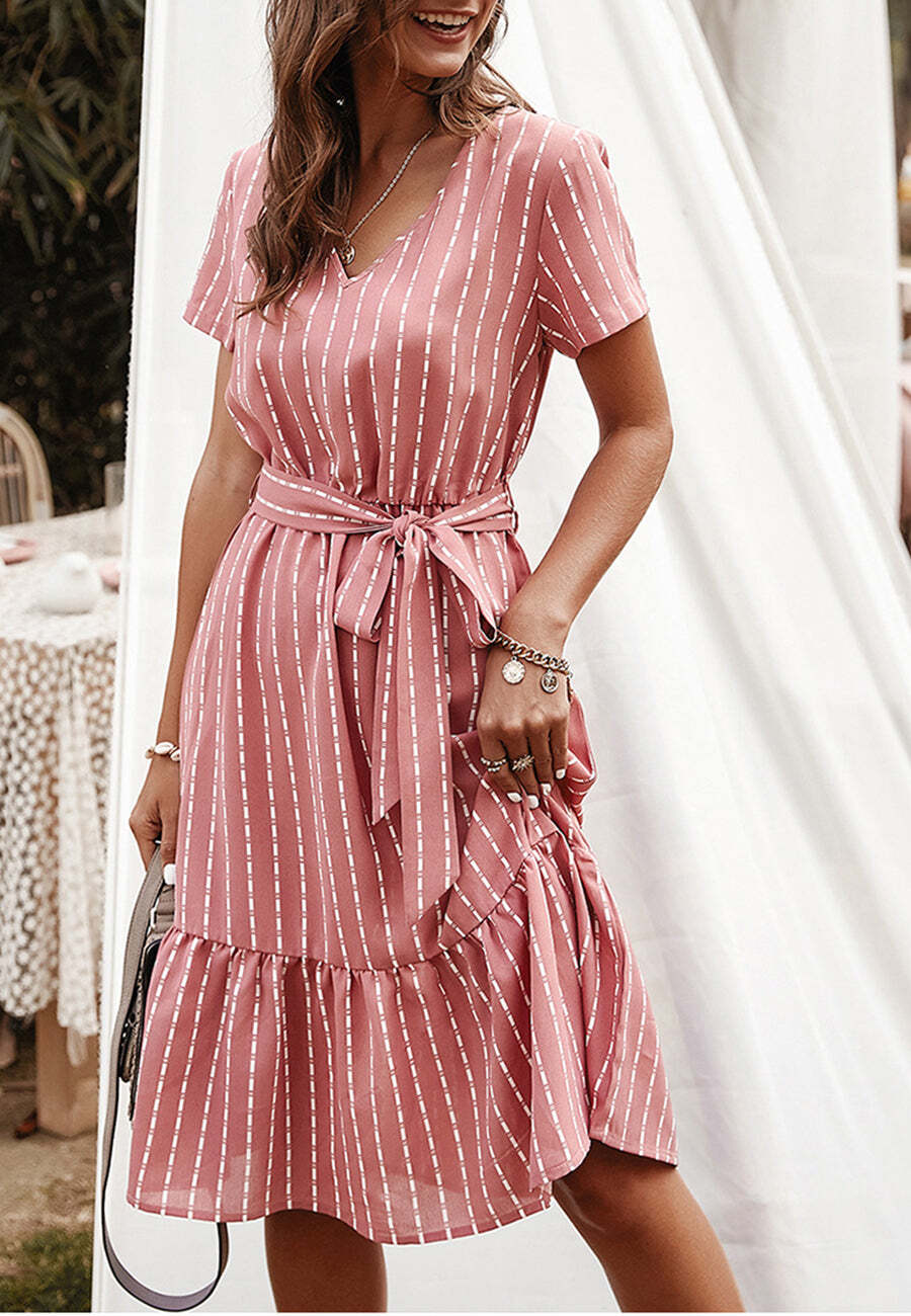 Vertical Striped Short Sleeve Ruffle Flowy Swing Dress With Belt