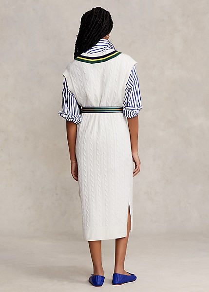 $498 Polo Ralph Lauren SZ S Cream Cable-Knit Cricket Midi Sweater Dress