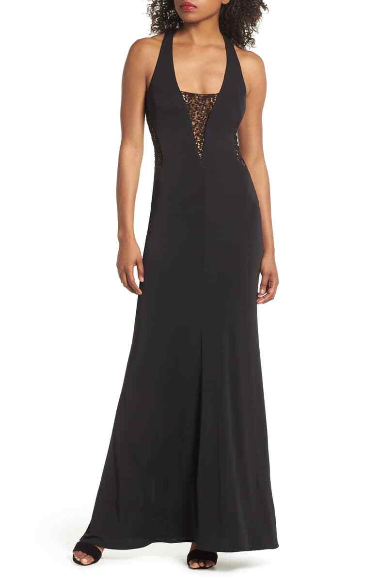 MARIA BIANCA NERO Black Sheer Lace Crochet Cut-Out Stretch Jersey Maxi Gown 6 S