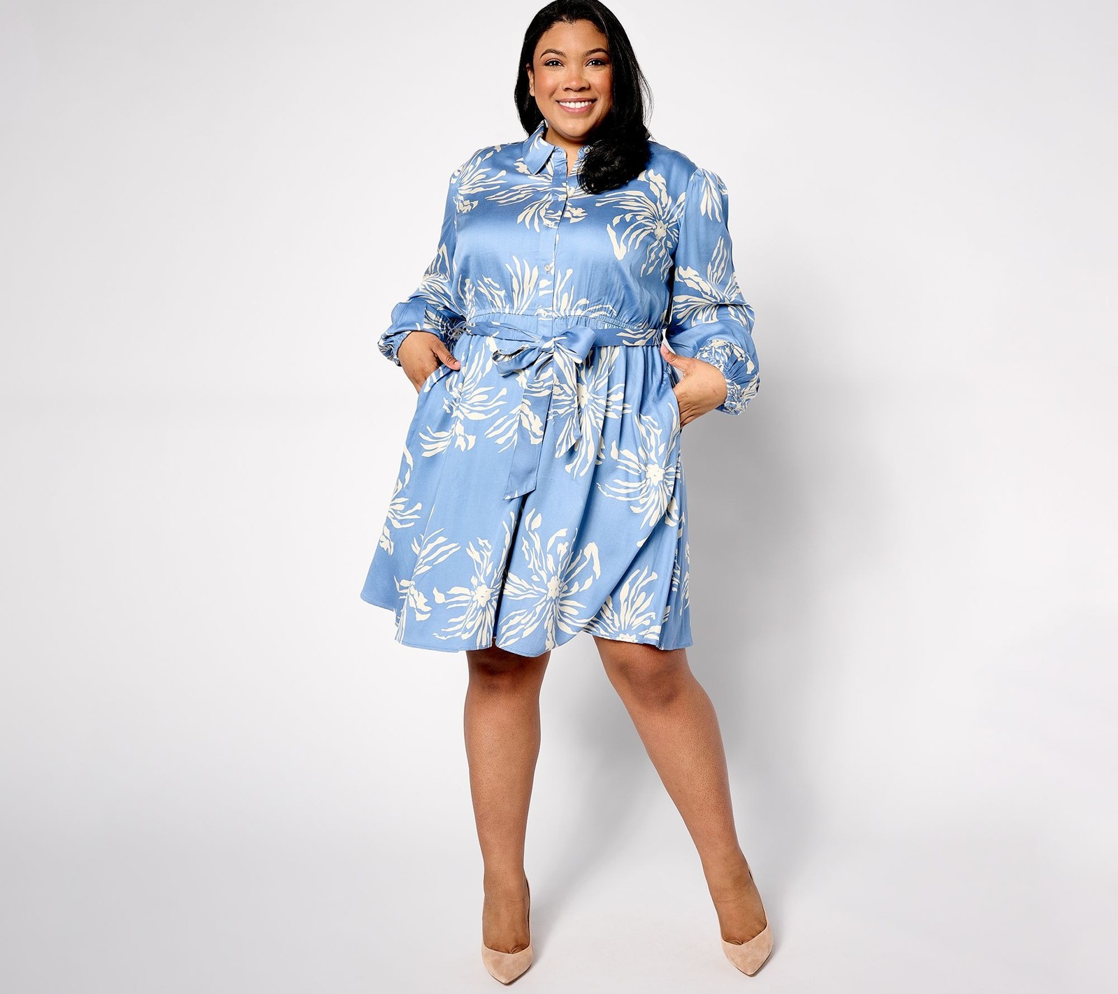 Destination 365 Petite Printed Shirtdress With Side Pockets & Self Belt Dark Cha