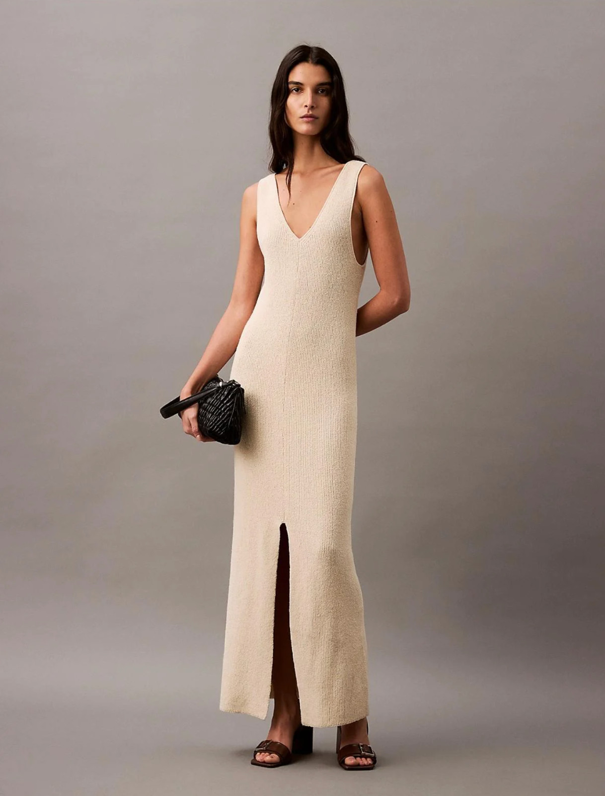 Calvin Klein Women Summer Sand Boucle Rib Sleeveless Midi Dress Size L NWT 139$