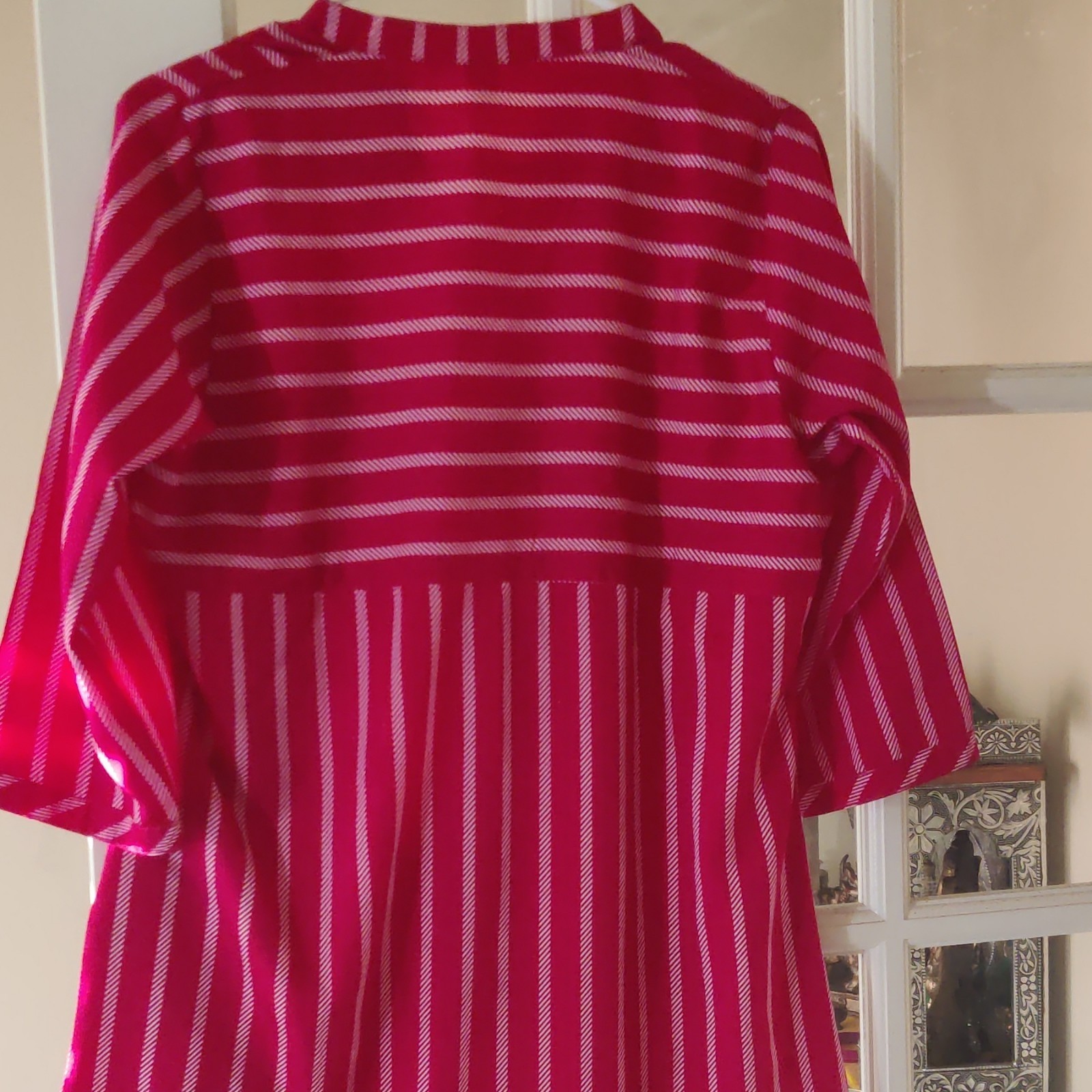 Pink & White Striped Shirt Dress, Button-Front Collared 3/4 Sleeve S