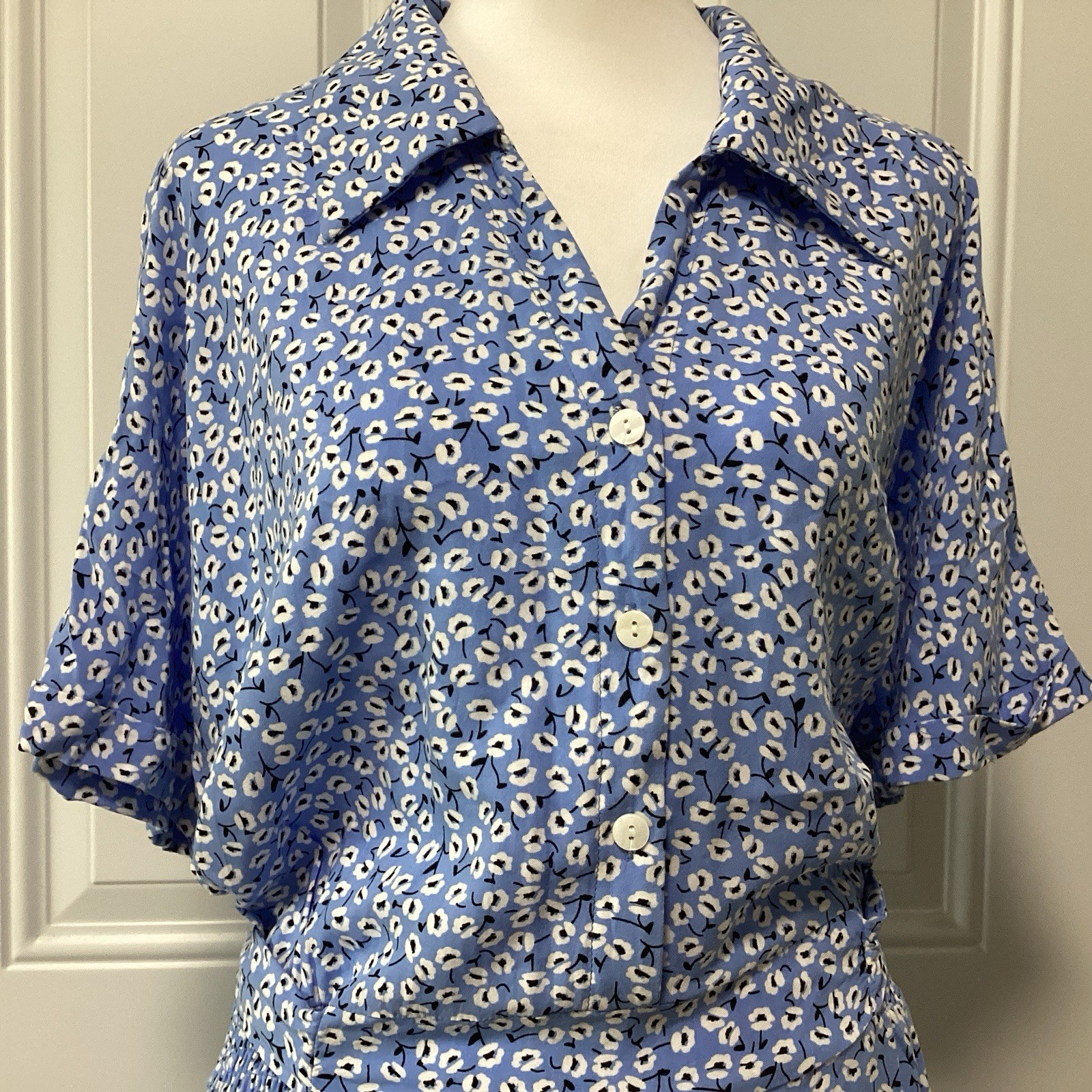 Blue Midi Button Up Short Sleeves Tie-Back Elastic Waist Size 2XL Dress