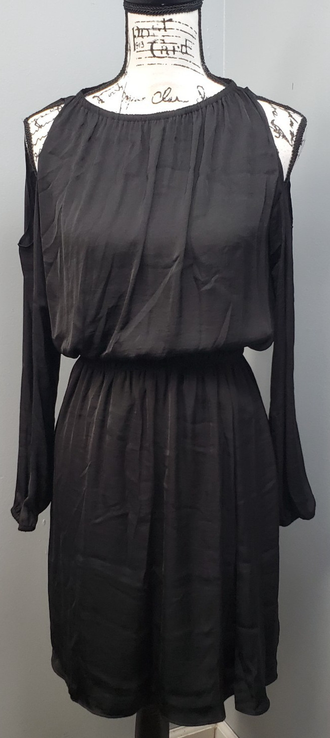 Alfani Chiffon Dress Womens XS Black Lined Smocked Waist Cold Shoulder Sleeve