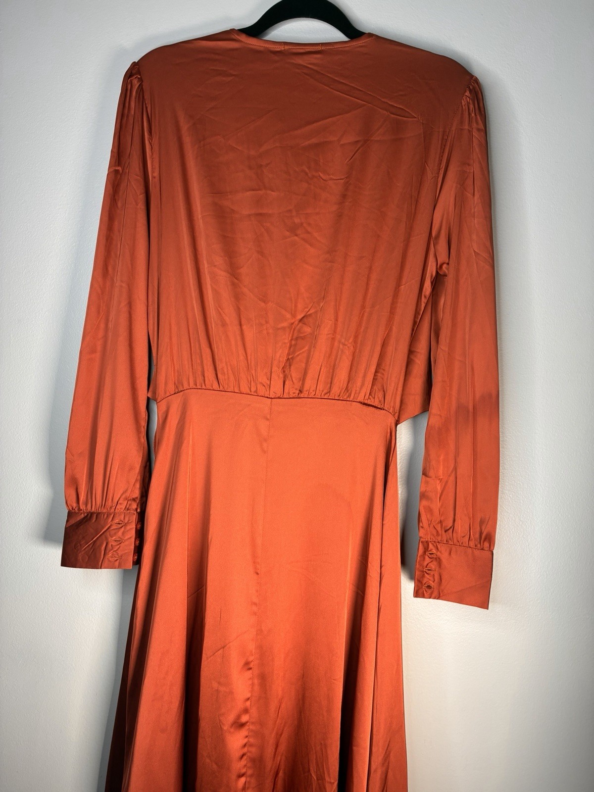 Fashion Nova Orange Satin V-Neck Wrap Maxi Dress Tie Waist Long Sleeve M NWT