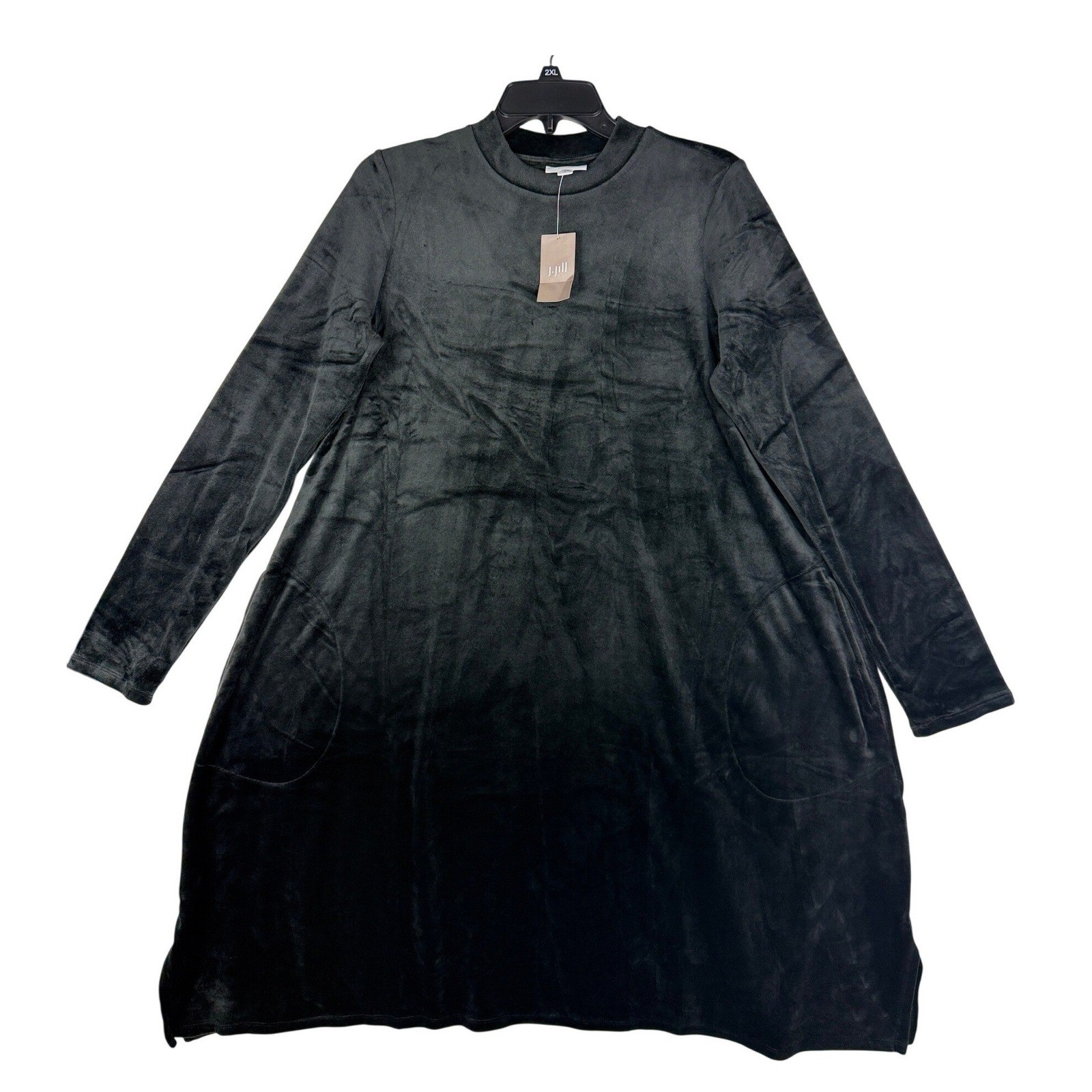 J. Jill Pure Jill Black Velour Mock Neck Tunic Dress Pockets Tall Medium MT NWT